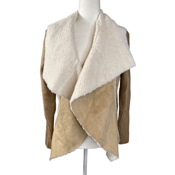 KNOX ROSE Womens Camel Beige Faux Shearling Suede Open Cardigan Sweater S NWOT - Picture 3 of 12